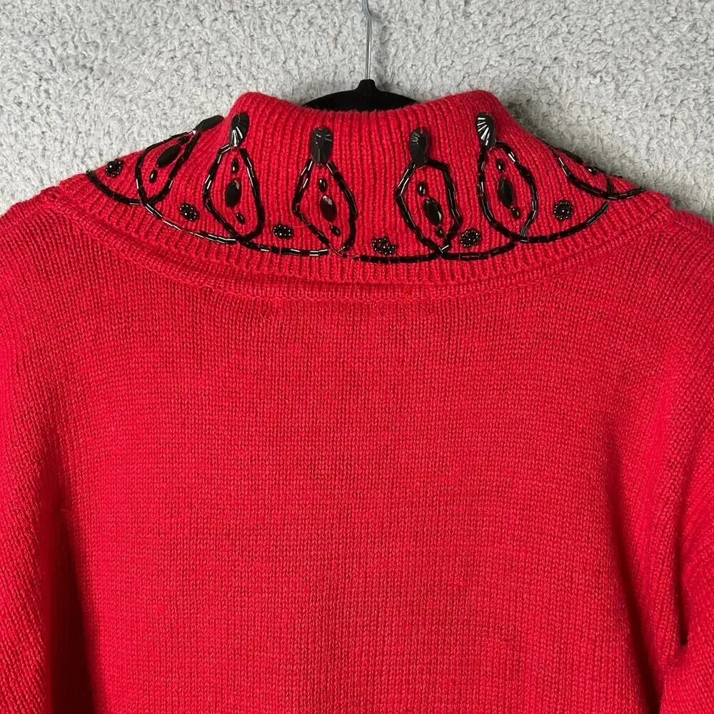 Vintage Victoria Jones Sweater Women S Red Oversized Long Sleeve Pullover Beaded